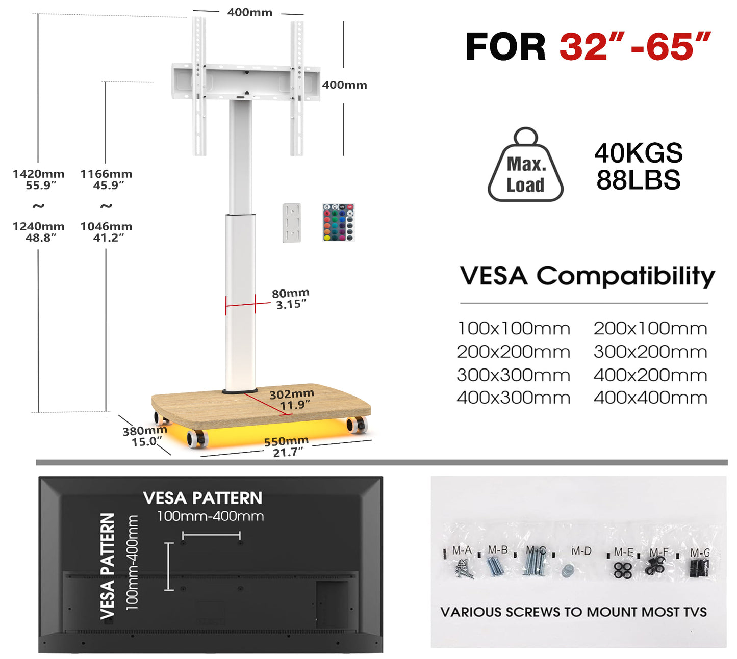 CE FT65 Mobile TV Stand with LED Lights