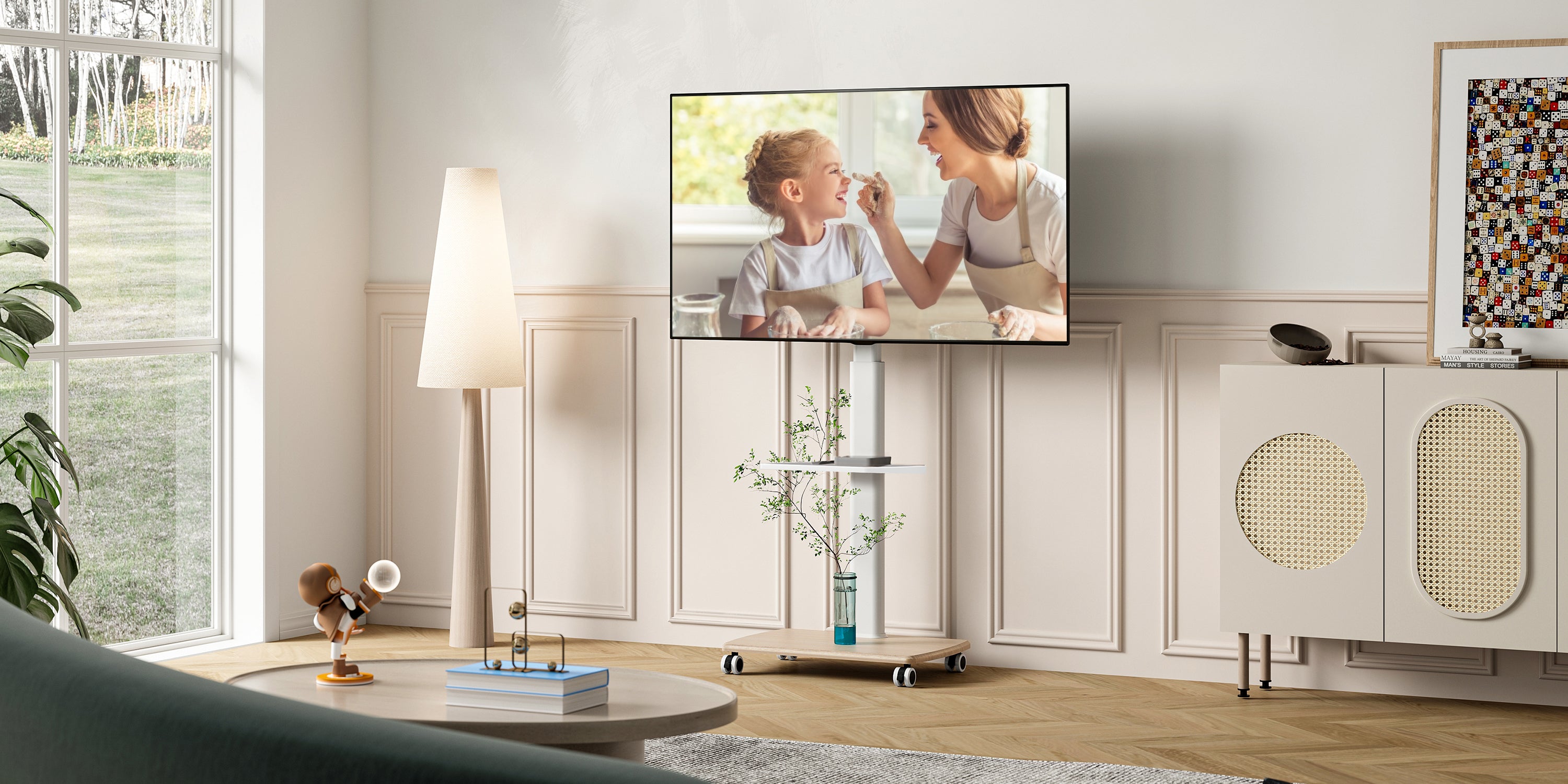 AOKCOS White Light Wood Grain Wooden Base  Rolling TV Stand for bedroom, living room