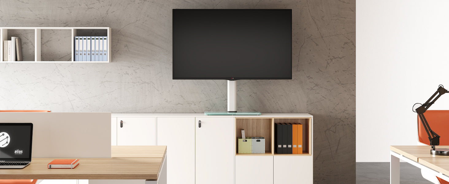 White glass base desktop TV stand, this TV stand is suitable for bedrooms and living rooms.